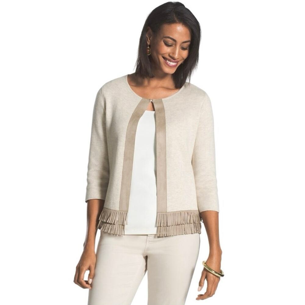 Chico's Cream Fringe-Trim Cardigan NWT